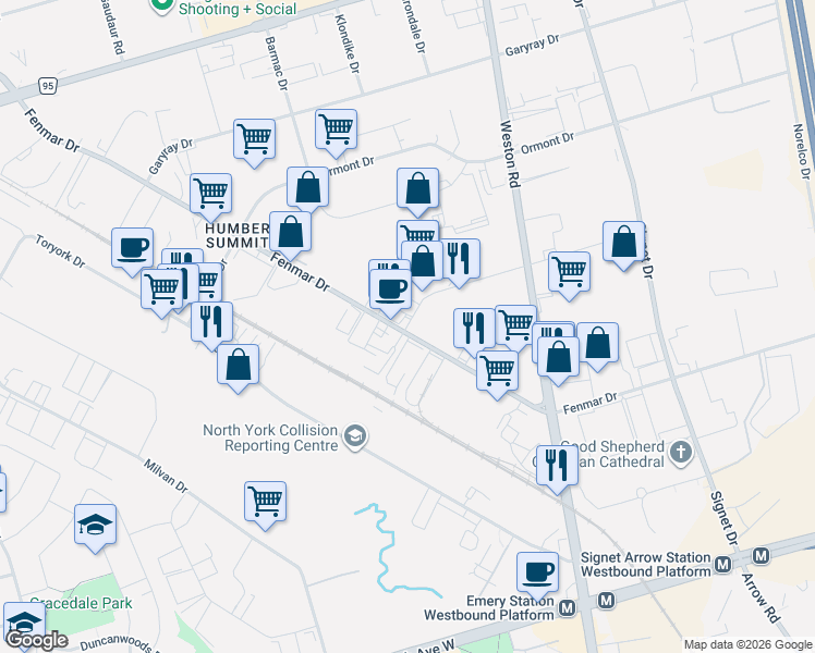 map of restaurants, bars, coffee shops, grocery stores, and more near 107 Kenhar Drive in Toronto