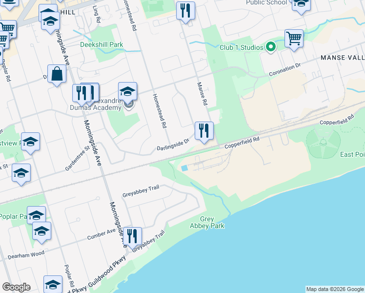 map of restaurants, bars, coffee shops, grocery stores, and more near 115 Darlingside Drive in Toronto