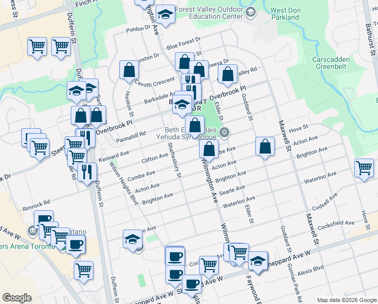map of restaurants, bars, coffee shops, grocery stores, and more near 111 Clifton Avenue in Toronto
