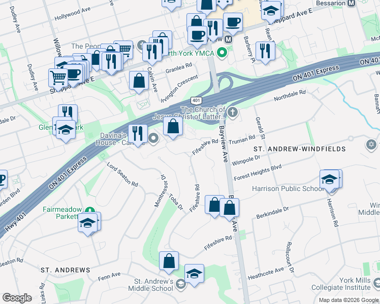 map of restaurants, bars, coffee shops, grocery stores, and more near 1 Carluke Crescent in Toronto