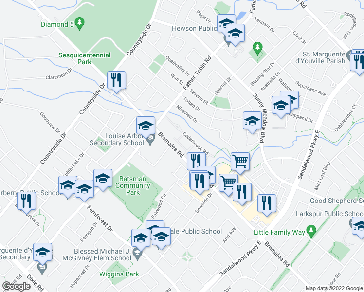 map of restaurants, bars, coffee shops, grocery stores, and more near Peach Drive in Brampton