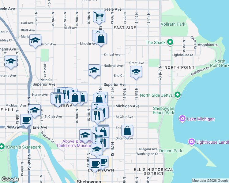 map of restaurants, bars, coffee shops, grocery stores, and more near 1331 North 7th Street in Sheboygan