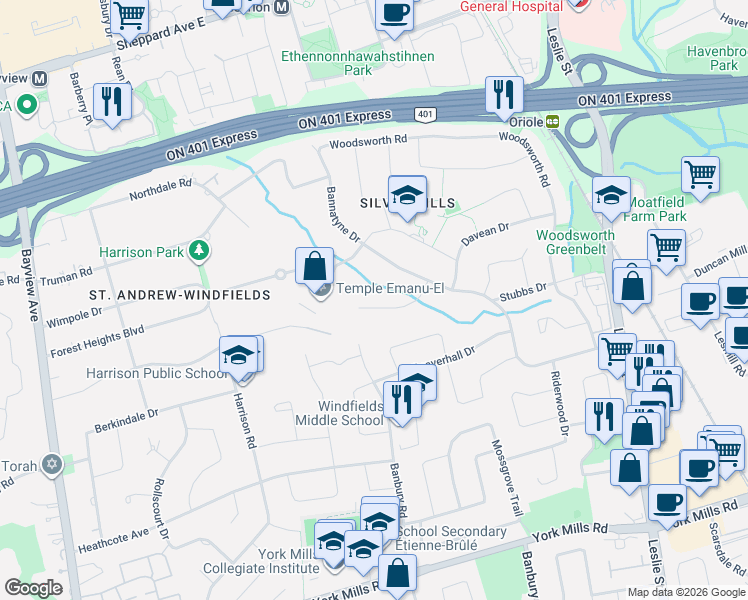 map of restaurants, bars, coffee shops, grocery stores, and more near 18 Swansdown Drive in Toronto