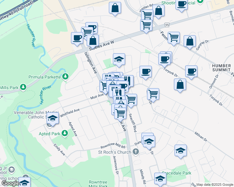 map of restaurants, bars, coffee shops, grocery stores, and more near 181 Millwick Drive in Toronto