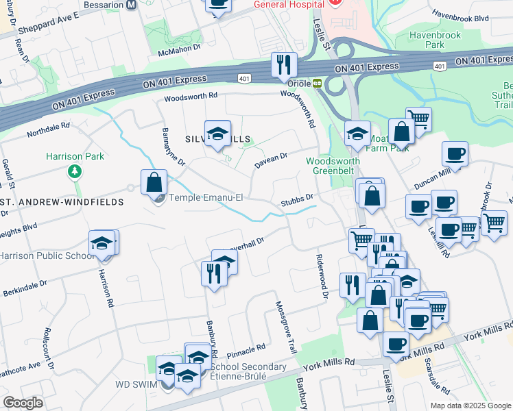 map of restaurants, bars, coffee shops, grocery stores, and more near 88 Bannatyne Drive in Toronto