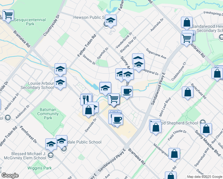 map of restaurants, bars, coffee shops, grocery stores, and more near 10 Kippen Court in Brampton