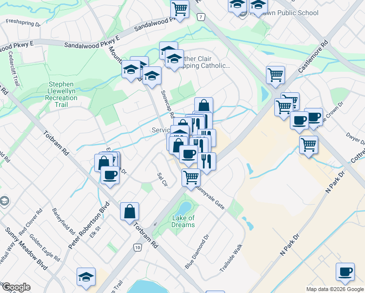 map of restaurants, bars, coffee shops, grocery stores, and more near 55 Mountainash Road in Brampton