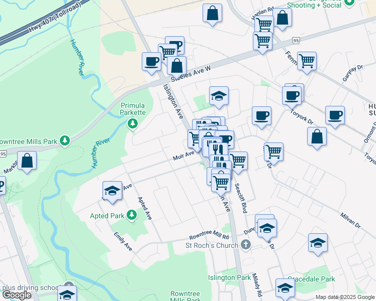 map of restaurants, bars, coffee shops, grocery stores, and more near 2A Muir Avenue in Toronto