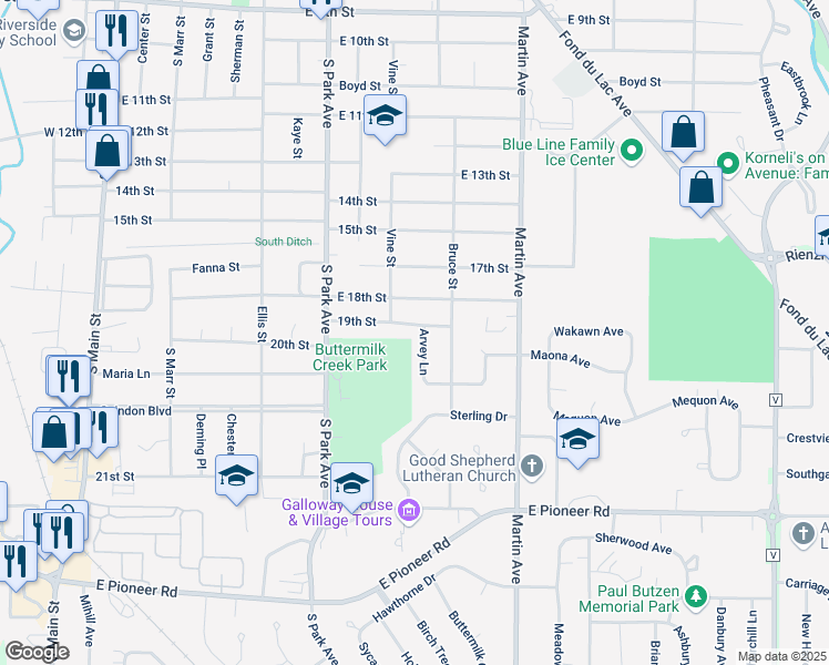 map of restaurants, bars, coffee shops, grocery stores, and more near 32 Arvey Lane in Fond du Lac
