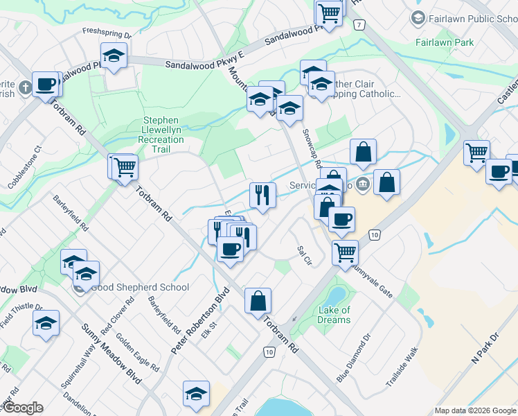 map of restaurants, bars, coffee shops, grocery stores, and more near 94 Bighorn Crescent in Brampton