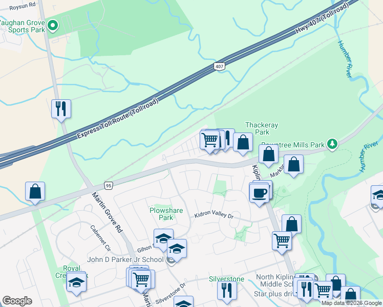 map of restaurants, bars, coffee shops, grocery stores, and more near 9 Garneau Street in Vaughan