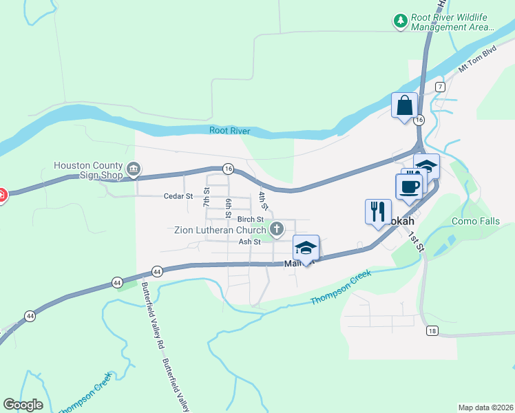 map of restaurants, bars, coffee shops, grocery stores, and more near 500 Birch Street in Hokah