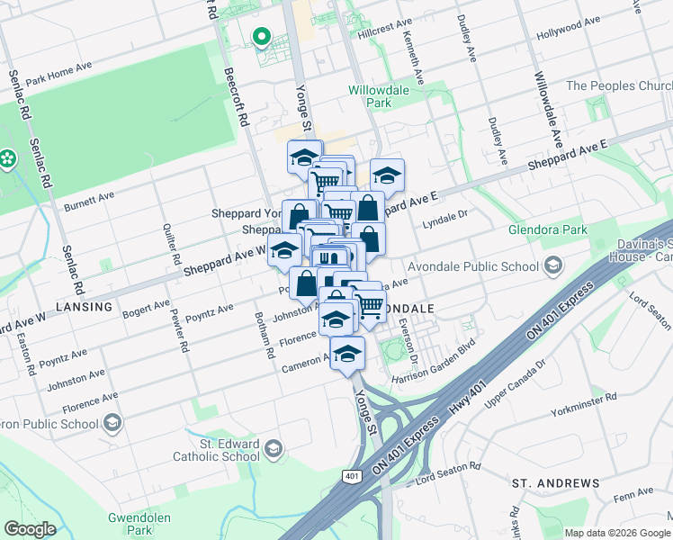 map of restaurants, bars, coffee shops, grocery stores, and more near Yonge St & Poyntz Ave in Toronto