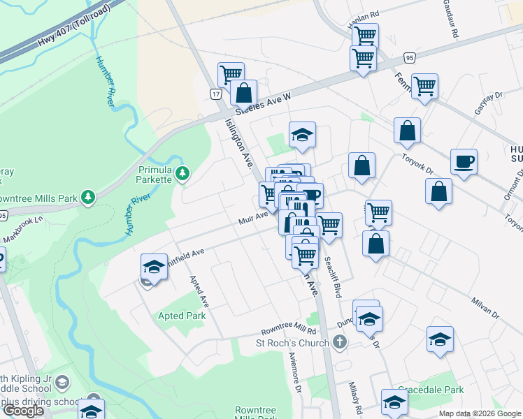 map of restaurants, bars, coffee shops, grocery stores, and more near 2A Muir Avenue in Toronto