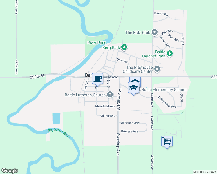 map of restaurants, bars, coffee shops, grocery stores, and more near 599 3rd Street in Baltic