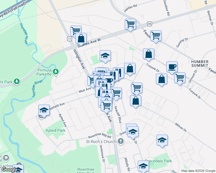 map of restaurants, bars, coffee shops, grocery stores, and more near in Toronto