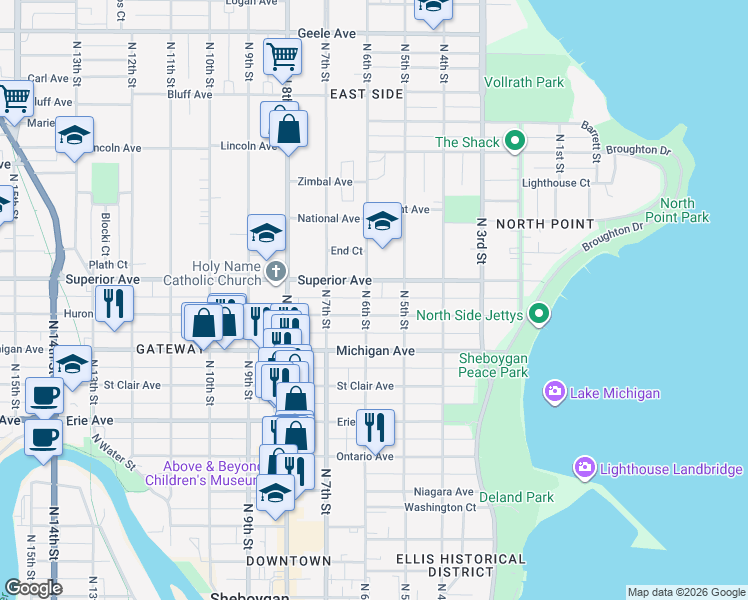 map of restaurants, bars, coffee shops, grocery stores, and more near 1332 North 6th Street in Sheboygan