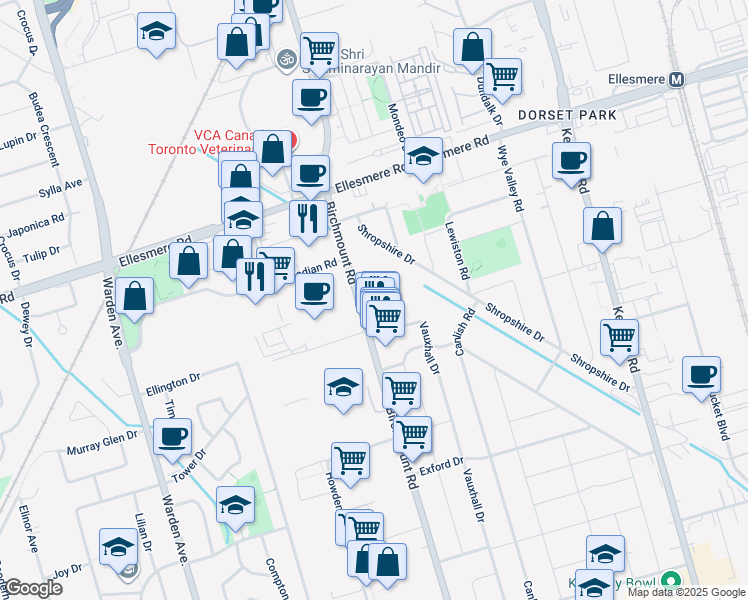 map of restaurants, bars, coffee shops, grocery stores, and more near 1530 Birchmount Road in Toronto