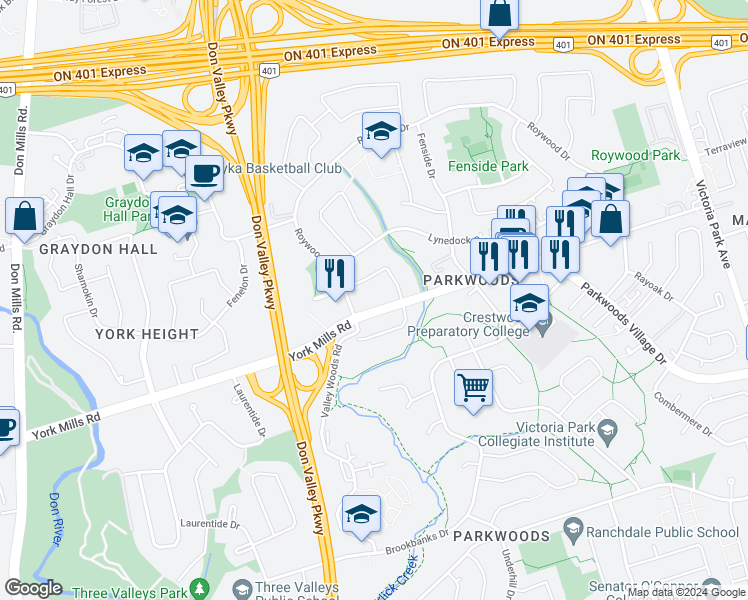 map of restaurants, bars, coffee shops, grocery stores, and more near in Toronto