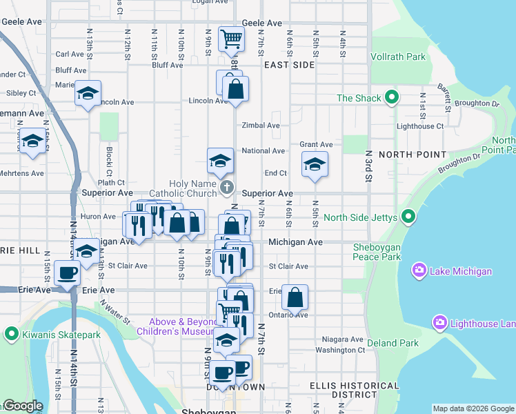 map of restaurants, bars, coffee shops, grocery stores, and more near 1331 North 7th Street in Sheboygan