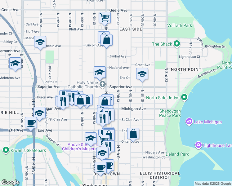 map of restaurants, bars, coffee shops, grocery stores, and more near 1331 North 7th Street in Sheboygan