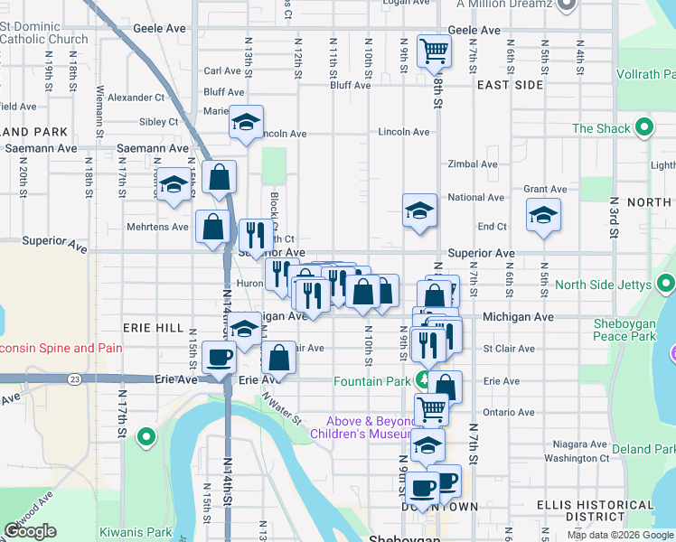 map of restaurants, bars, coffee shops, grocery stores, and more near 1013 Huron Avenue in Sheboygan