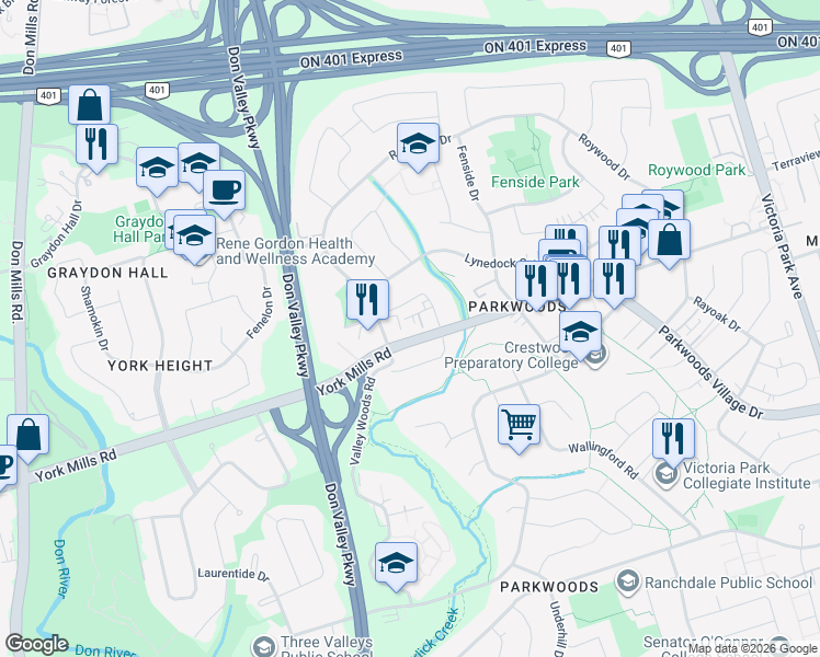map of restaurants, bars, coffee shops, grocery stores, and more near 1222 York Mills Road in Toronto