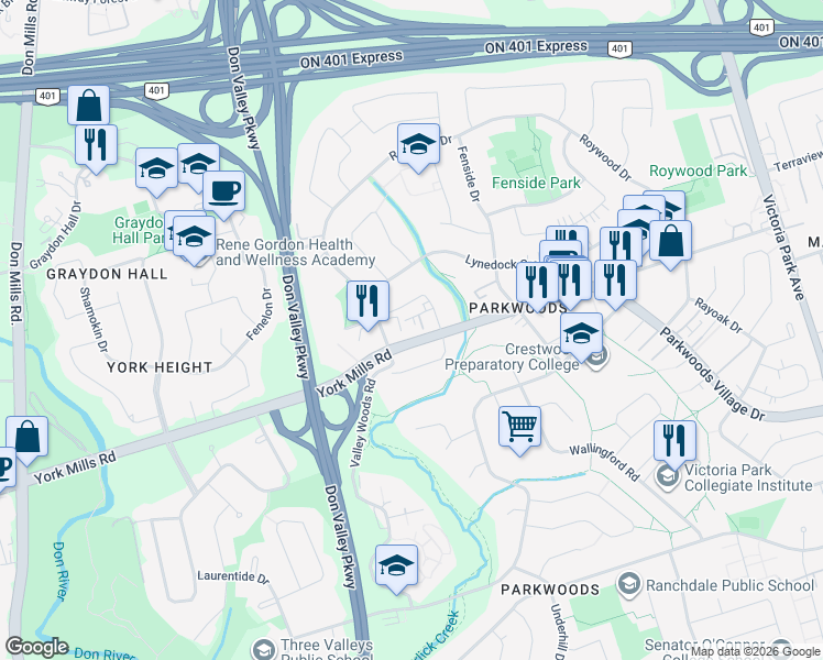 map of restaurants, bars, coffee shops, grocery stores, and more near 1222 York Mills Road in Toronto