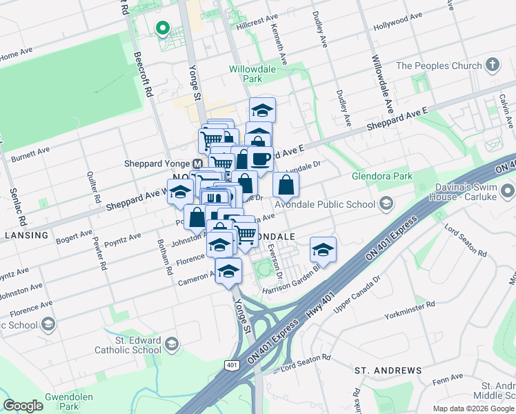 map of restaurants, bars, coffee shops, grocery stores, and more near 35 Bales Avenue in Toronto