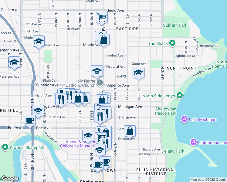 map of restaurants, bars, coffee shops, grocery stores, and more near 1331 North 7th Street in Sheboygan