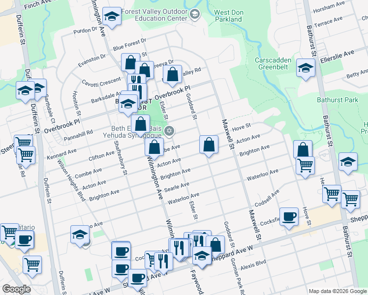 map of restaurants, bars, coffee shops, grocery stores, and more near 87 Combe Avenue in Toronto