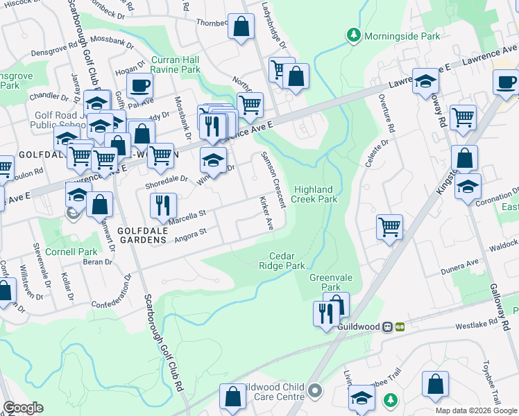 map of restaurants, bars, coffee shops, grocery stores, and more near 34 Shoreland Crescent in Toronto