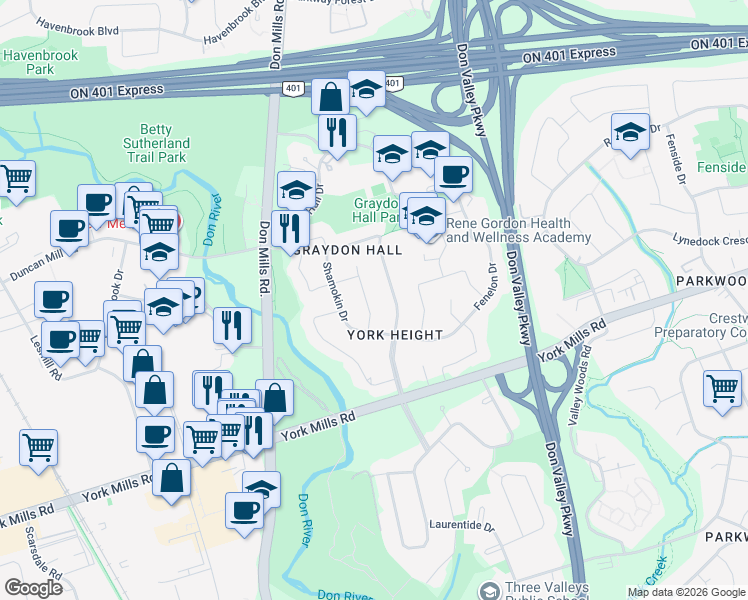 map of restaurants, bars, coffee shops, grocery stores, and more near 11 Olsen Drive in Toronto