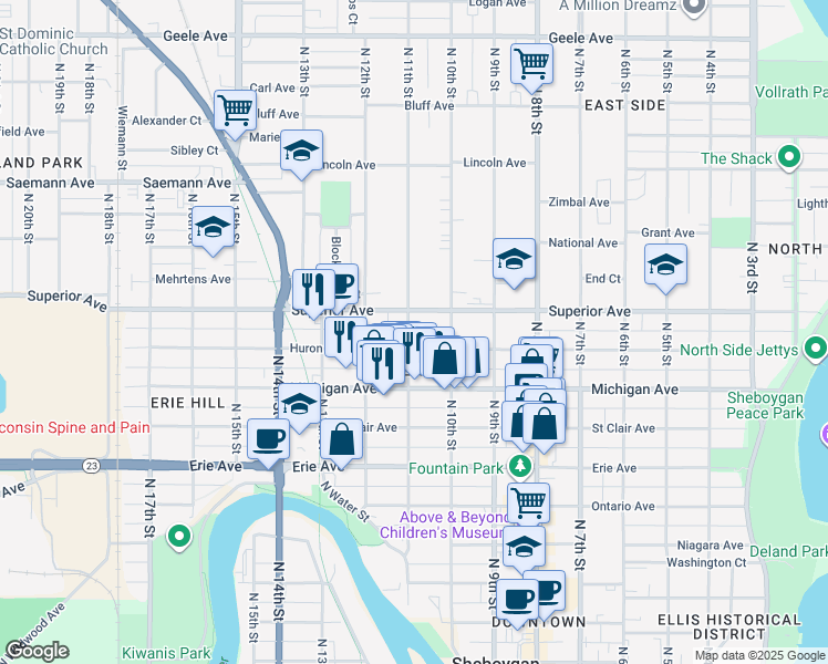 map of restaurants, bars, coffee shops, grocery stores, and more near 1013 Huron Avenue in Sheboygan