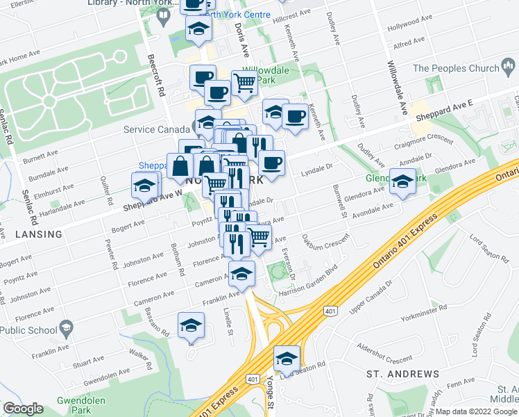 map of restaurants, bars, coffee shops, grocery stores, and more near 31 Bales Avenue in Toronto