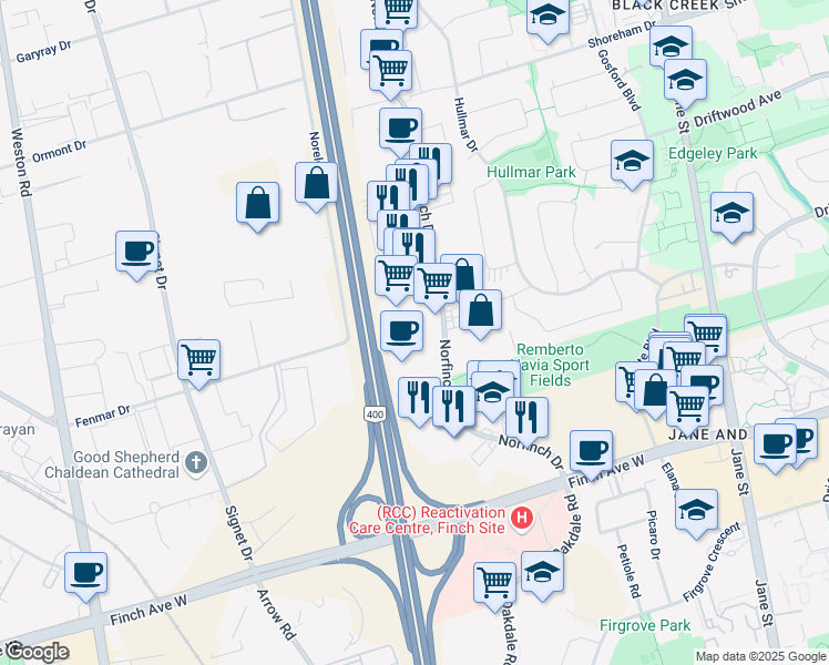 map of restaurants, bars, coffee shops, grocery stores, and more near 100 Norfinch Drive in Toronto