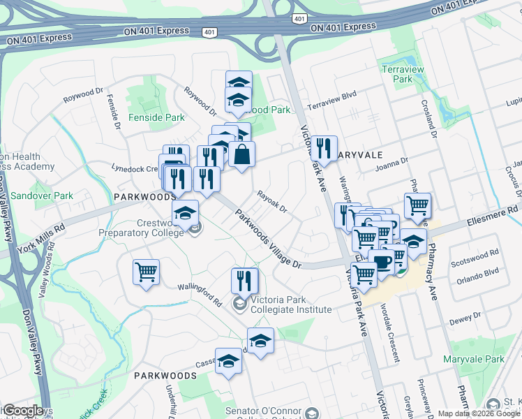 map of restaurants, bars, coffee shops, grocery stores, and more near 57 Parkwoods Village Drive in Toronto