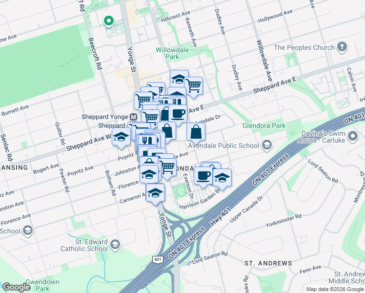 map of restaurants, bars, coffee shops, grocery stores, and more near 17 Anndale Drive in Toronto