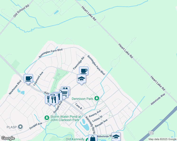 map of restaurants, bars, coffee shops, grocery stores, and more near Fallview Circle in Caledon