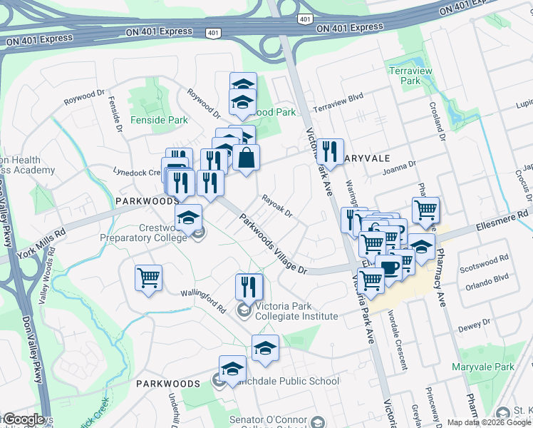 map of restaurants, bars, coffee shops, grocery stores, and more near 57 Parkwoods Village Drive in Toronto