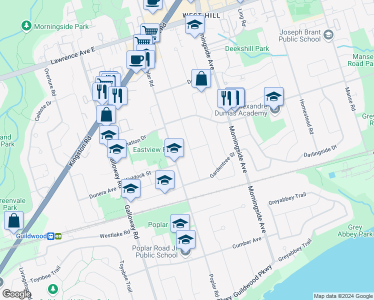 map of restaurants, bars, coffee shops, grocery stores, and more near 80c Kitchener Road in Toronto
