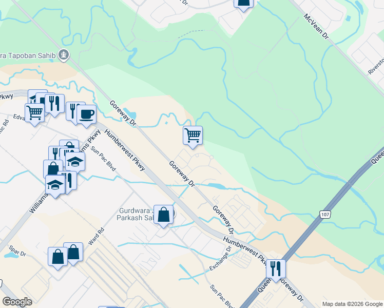 map of restaurants, bars, coffee shops, grocery stores, and more near 6 Dayspring Circle in Brampton