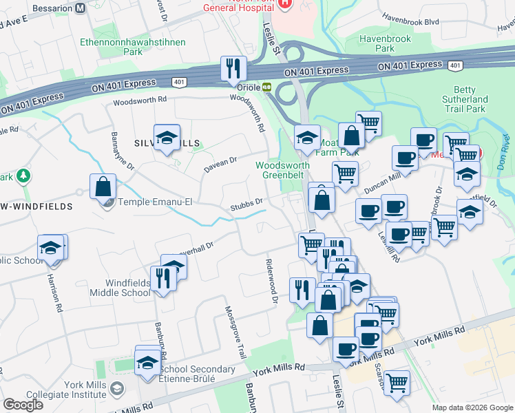map of restaurants, bars, coffee shops, grocery stores, and more near 19 Stubbs Drive in Toronto