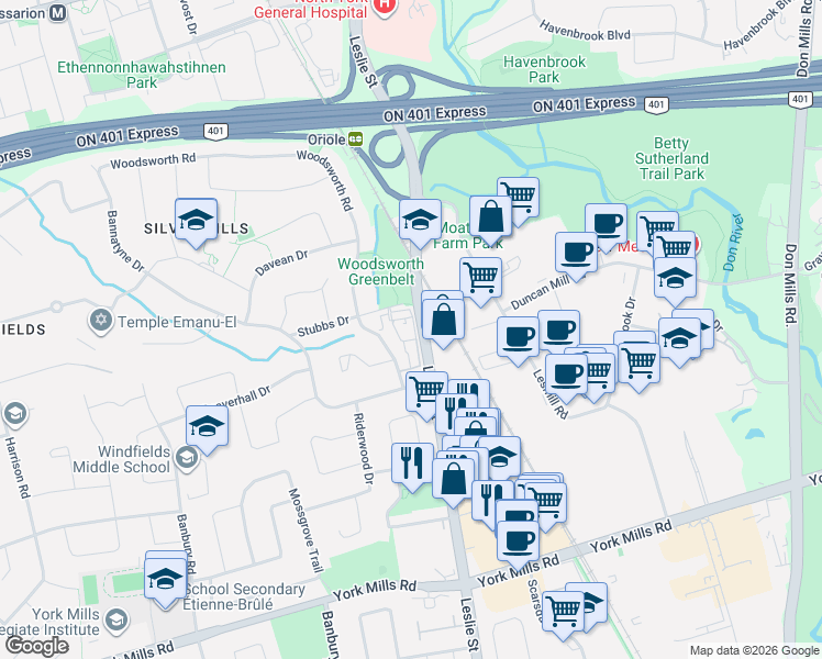 map of restaurants, bars, coffee shops, grocery stores, and more near 396 Woodsworth Road in Toronto