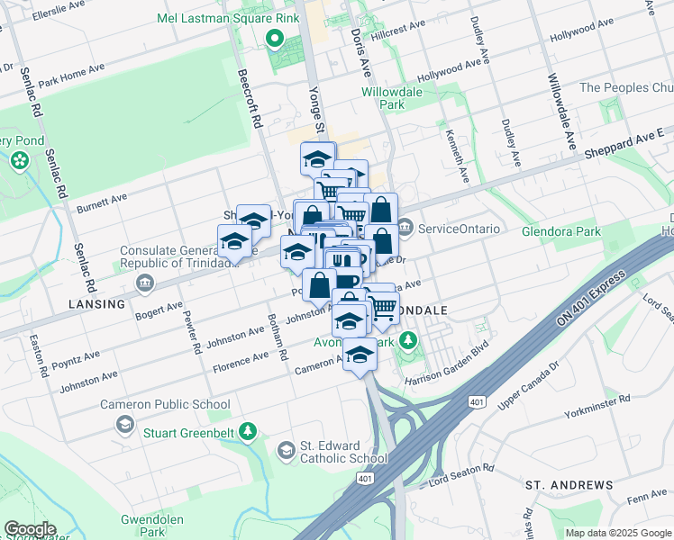map of restaurants, bars, coffee shops, grocery stores, and more near 21 Poyntz Avenue in Toronto