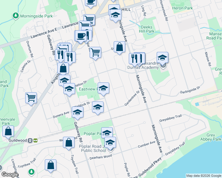 map of restaurants, bars, coffee shops, grocery stores, and more near 80c Kitchener Road in Toronto