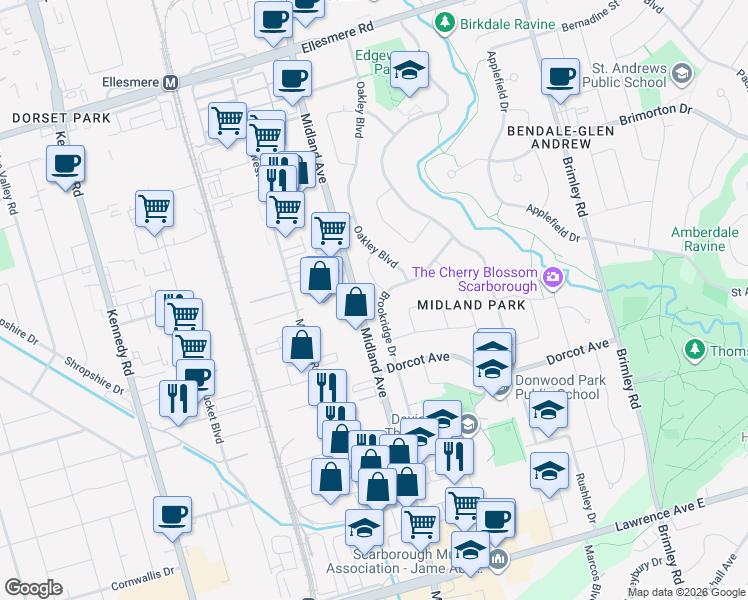 map of restaurants, bars, coffee shops, grocery stores, and more near 32 Brookridge Drive in Toronto