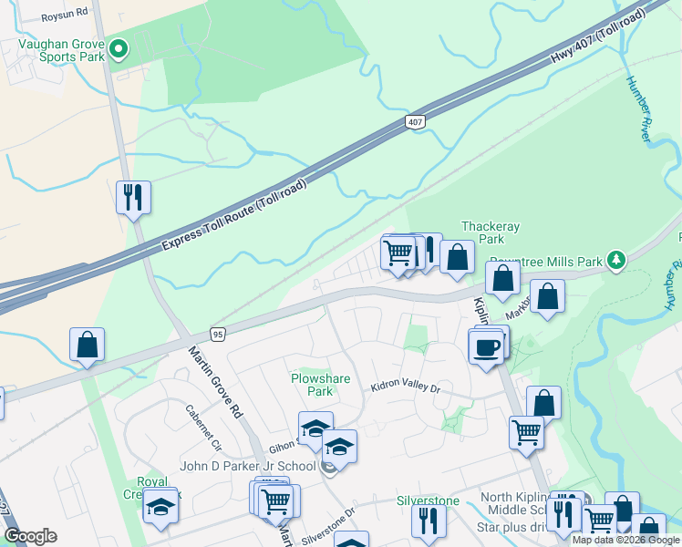 map of restaurants, bars, coffee shops, grocery stores, and more near 52 Saintfield Drive in Vaughan