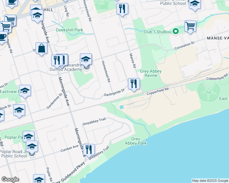map of restaurants, bars, coffee shops, grocery stores, and more near 1 Homestead Road in Toronto