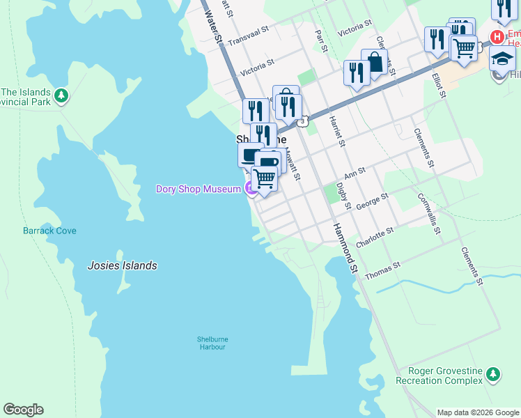 map of restaurants, bars, coffee shops, grocery stores, and more near 10 Ann Street in Shelburne